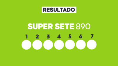 Arte com fundo verde-claro exibe Resultado Super Sete 890 e sete círculos brancos numerados de 1 a 7 para os resultados sorteados