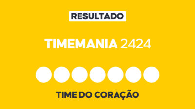 Arte gráfica com fundo amarelo, faixa branca com a palavra Resultado, texto Timemania 2424 em branco, sete círculos brancos e a inscrição Time do Coração na parte inferior representando dezenas e campo adicional do sorteio