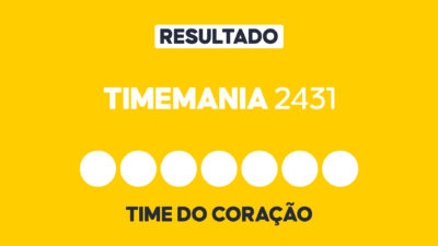 Arte gráfica com fundo amarelo, faixa branca com a palavra Resultado, texto Timemania 2431 em branco, sete círculos brancos e a inscrição Time do Coração na parte inferior representando dezenas e campo adicional do sorteio