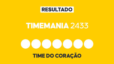 Arte gráfica com fundo amarelo, faixa branca com a palavra Resultado, texto Timemania 2433 em branco, sete círculos brancos e a inscrição Time do Coração na parte inferior representando dezenas e campo adicional do sorteio
