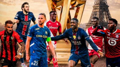 Montagem com jogadores de PSG, Olympique de Marselha, Monaco, Nice e Lille diante do troféu da Ligue 1 e da Torre Eiffel