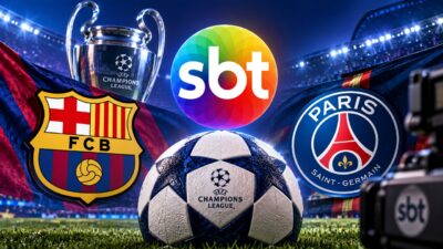 Imagem ilustrativa com referências ao SBT, Barcelona, PSG e Champions League em um estádio de futebol