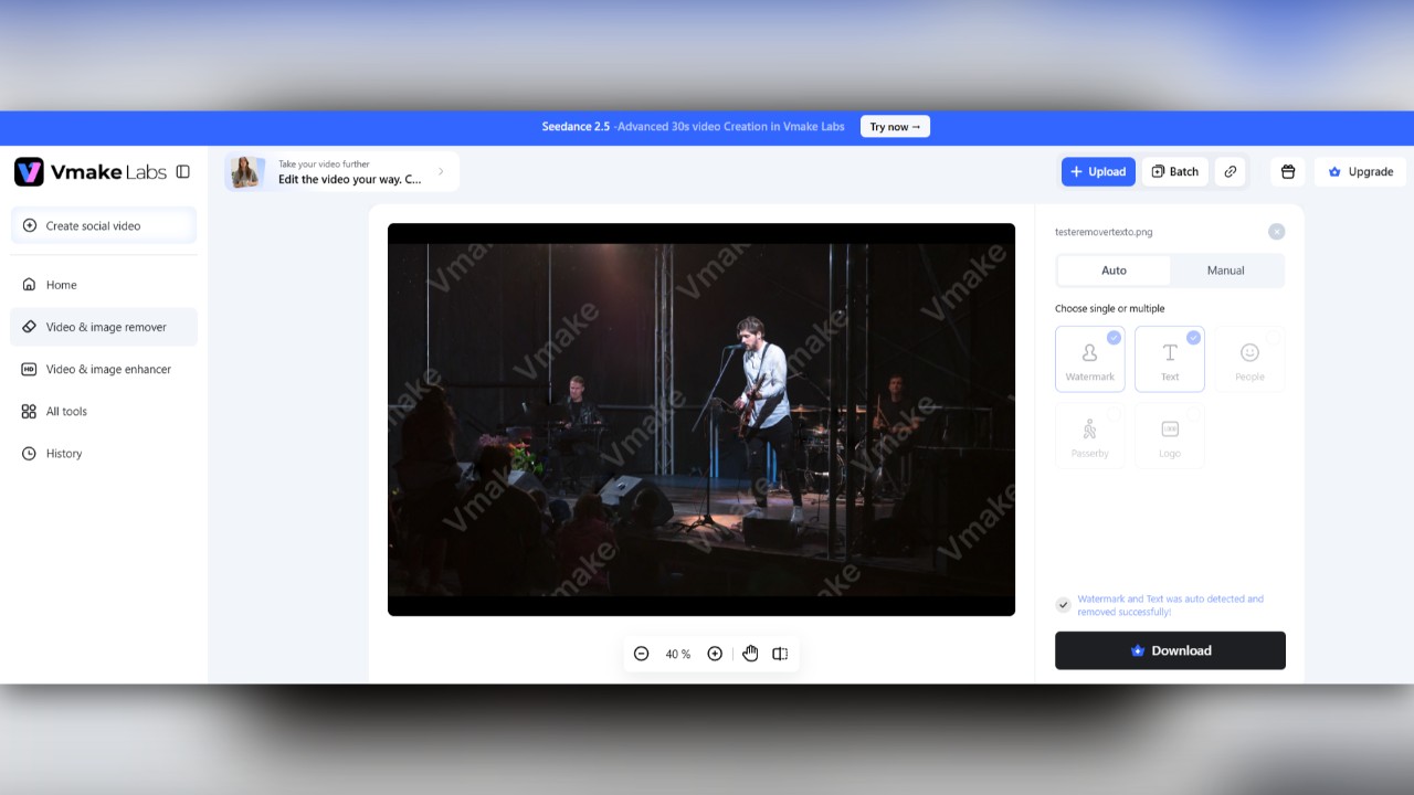 Tela da Vmake Labs mostra ferramenta de remoção de marca d’água aplicada a um vídeo de apresentação musical