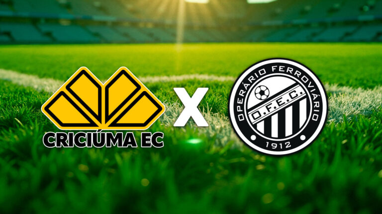 Escudos de Criciúma e Operário-PR separados por X sobre gramado de estádio de futebol
