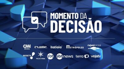 Arte do debate Momento da Decisão sobre fundo azul com logos de CNN Brasil, Exame, SBT News, Terra e outros veículos