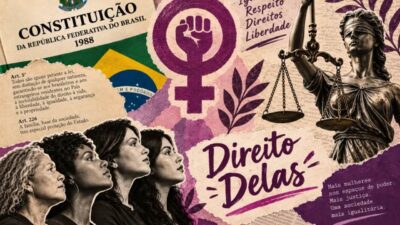 Colagem com Constituição de 1988, bandeira do Brasil, símbolo feminino, quatro mulheres e estátua da Justiça com balança