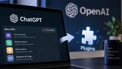 Notebook exibe ChatGPT e lista de GPTs personalizados, com seta apontando para ícone de Plugins e logo da OpenAI ao fundo
