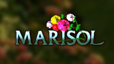 Logotipo da novela Marisol com letras brancas e flores coloridas sobre fundo desfocado