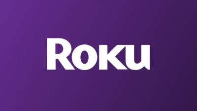 Logotipo branco da Roku centralizado sobre fundo roxo em degradê