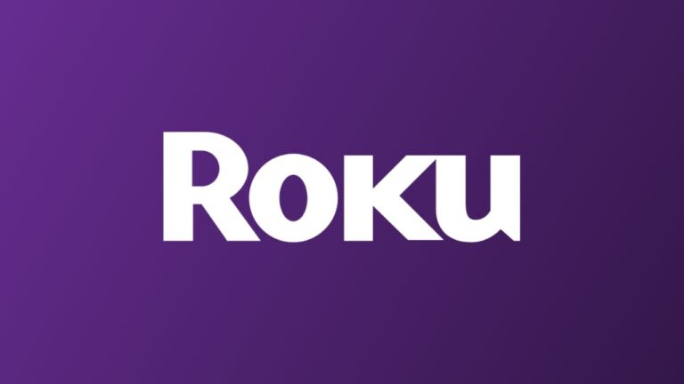 Logotipo branco da Roku centralizado sobre fundo roxo em degradê