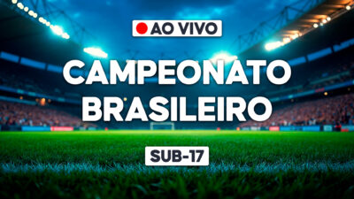 Arte promocional do Campeonato Brasileiro - Sub-17 com aviso de transmissão ao vivo em estádio de futebol iluminado