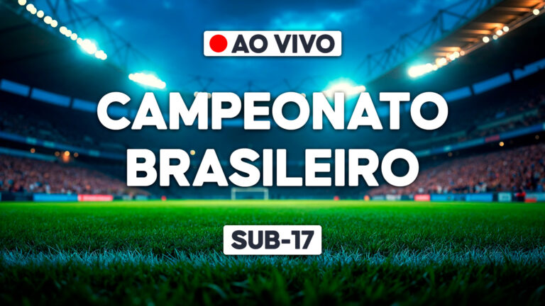 Arte promocional do Campeonato Brasileiro - Sub-17 com aviso de transmissão ao vivo em estádio de futebol iluminado