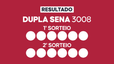 Arte com fundo vinho exibe Resultado Dupla Sena 3008 com primeiro e segundo sorteio e doze círculos brancos