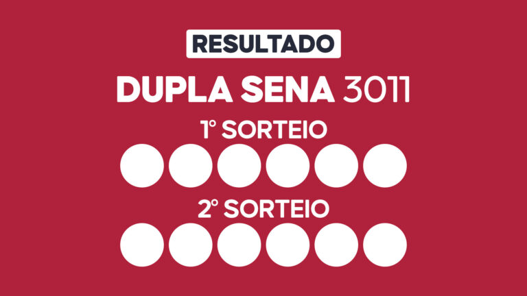 Arte com fundo vinho exibe Resultado Dupla Sena 3011 com primeiro e segundo sorteio e doze círculos brancos
