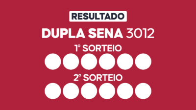 Arte com fundo vinho exibe Resultado Dupla Sena 3012 com primeiro e segundo sorteio e doze círculos brancos