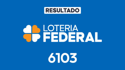 Arte em fundo azul com a palavra Resultado no topo, logotipo branco e laranja da Loteria Federal ao centro e número 6103 abaixo