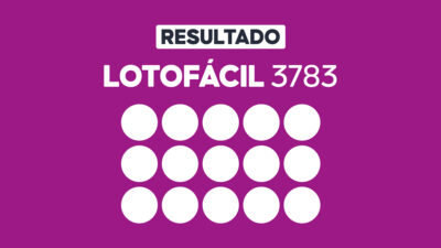 Arte gráfica com fundo roxo, faixa branca com a palavra Resultado, texto Lotofácil 3783 em branco e grade com 15 círculos brancos representando dezenas do sorteio