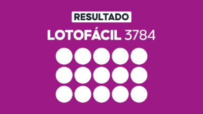 Arte gráfica com fundo roxo, faixa branca com a palavra Resultado, texto Lotofácil 3784 em branco e grade com 15 círculos brancos representando dezenas do sorteio