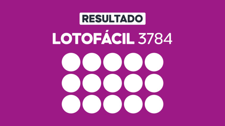 Arte gráfica com fundo roxo, faixa branca com a palavra Resultado, texto Lotofácil 3784 em branco e grade com 15 círculos brancos representando dezenas do sorteio