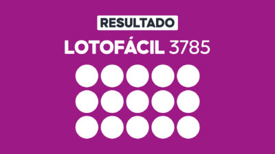 Arte gráfica com fundo roxo, faixa branca com a palavra Resultado, texto Lotofácil 3785 em branco e grade com 15 círculos brancos representando dezenas do sorteio