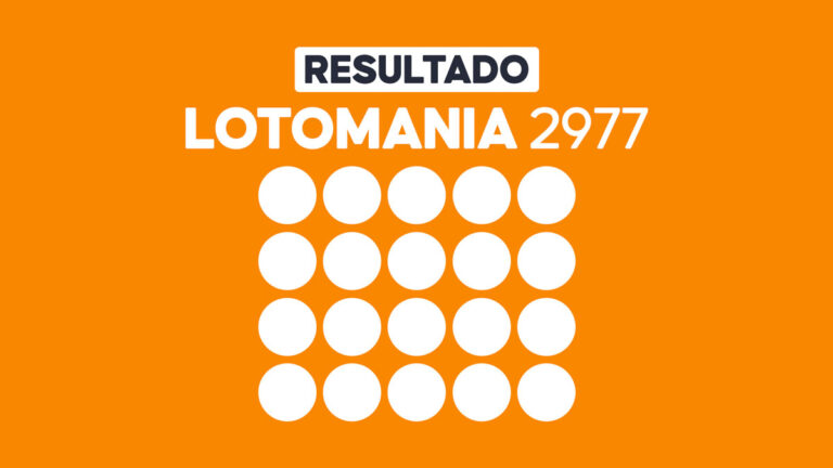 Arte com fundo laranja exibe Resultado Lotomania 2977 e vinte círculos brancos para os números sorteados