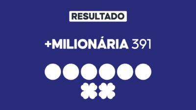 Arte gráfica com fundo azul, faixa branca com a palavra Resultado, texto +Milionária 391 em branco, seis círculos brancos e dois símbolos de trevo abaixo representando dezenas e trevos do sorteio