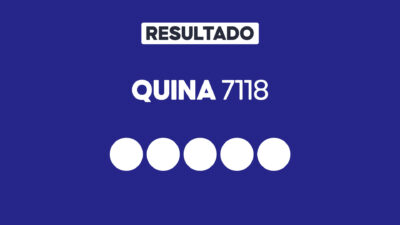 Arte gráfica com fundo azul, faixa branca com a palavra Resultado, texto Quina 7118 em branco e cinco círculos brancos alinhados representando dezenas do sorteio