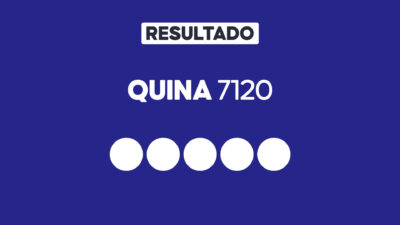 Arte gráfica com fundo azul, faixa branca com a palavra Resultado, texto Quina 7120 em branco e cinco círculos brancos alinhados representando dezenas do sorteio