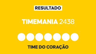 Arte gráfica com fundo amarelo, faixa branca com a palavra Resultado, texto Timemania 2438 em branco, sete círculos brancos e a inscrição Time do Coração na parte inferior representando dezenas e campo adicional do sorteio