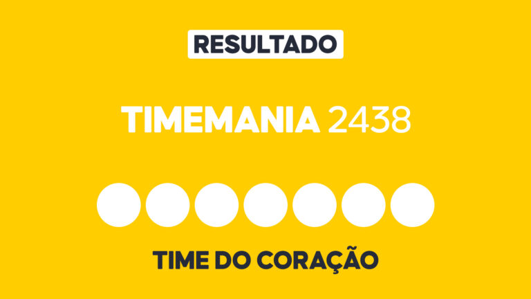Arte gráfica com fundo amarelo, faixa branca com a palavra Resultado, texto Timemania 2438 em branco, sete círculos brancos e a inscrição Time do Coração na parte inferior representando dezenas e campo adicional do sorteio