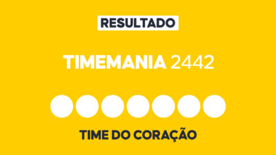 Arte gráfica com fundo amarelo, faixa branca com a palavra Resultado, texto Timemania 2442 em branco, sete círculos brancos e a inscrição Time do Coração na parte inferior representando dezenas e campo adicional do sorteio