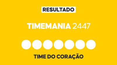 Arte gráfica com fundo amarelo, faixa branca com a palavra Resultado, texto Timemania 2447 em branco, sete círculos brancos e a inscrição Time do Coração na parte inferior representando dezenas e campo adicional do sorteio