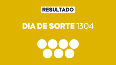 Arte gráfica com fundo amarelo, faixa branca com a palavra Resultado, texto Dia de Sorte 1304 em branco e sete círculos brancos abaixo representando dezenas do sorteio