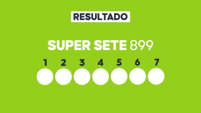 Arte com fundo verde-claro exibe Resultado Super Sete 899 e sete círculos brancos numerados de 1 a 7 para os resultados sorteados