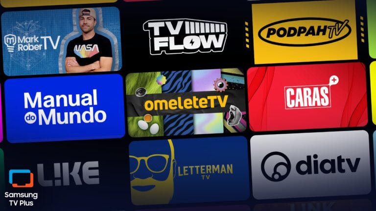 Samsung TV Plus exibe mosaico de canais como Podpah TV, OmeleteTV, Caras, DiaTV, Manual do Mundo e Letterman TV