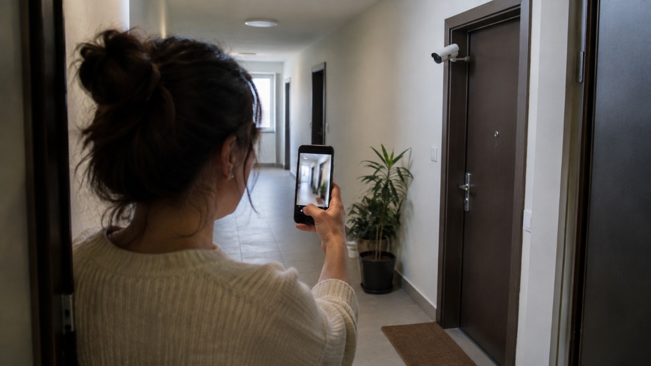 Mulher fotografa com celular uma câmera instalada acima da porta de apartamento em corredor de condomínio