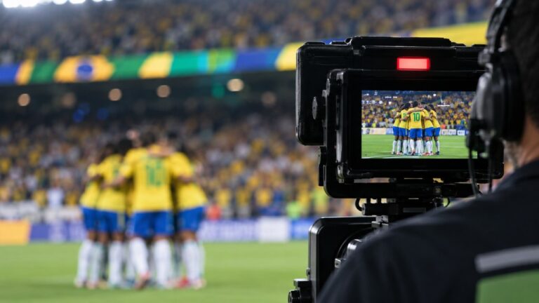 Câmera de televisão registra jogadores da seleção brasileira reunidos em campo, com a imagem da equipe exibida no monitor durante uma partida de futebol