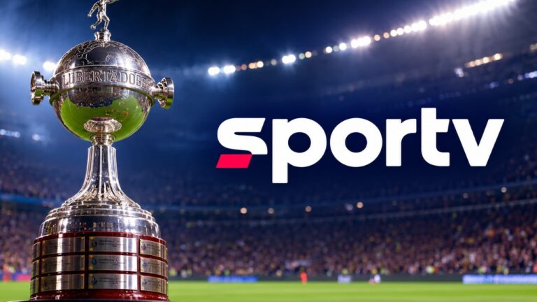 Taça da Copa Libertadores à esquerda e logotipo do SporTV à direita, com um estádio de futebol iluminado ao fundo