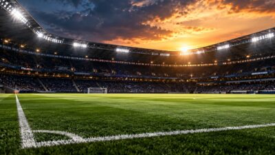 Estádio de futebol com arquibancadas ocupadas, refletores acesos e gramado vazio durante o pôr do sol