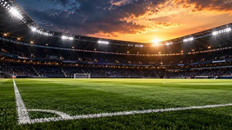Estádio de futebol com arquibancadas ocupadas, refletores acesos e gramado vazio durante o pôr do sol