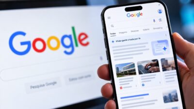 Celular exibe página de buscas do Google com a ferramenta Visão geral criada por IA e cartões de notícias, enquanto o logotipo da empresa aparece em uma tela ao fundo