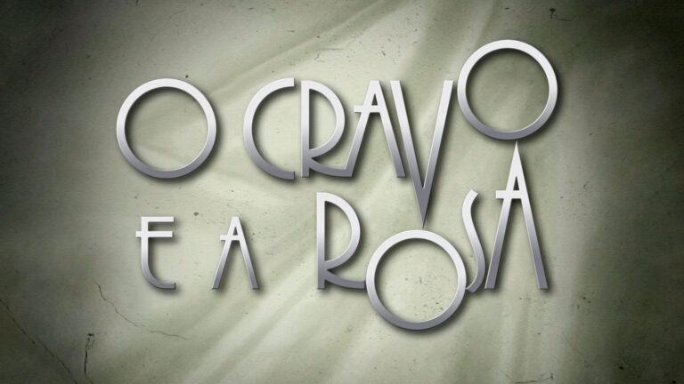 Logo da novela O Cravo e a Rosa, com o título em letras metálicas prateadas sobre um fundo verde-claro com textura e efeitos de iluminação