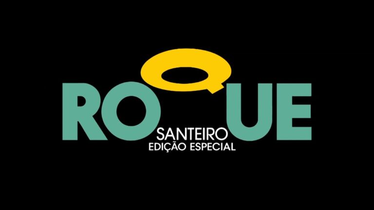 Logotipo de Roque Santeiro Edição Especial em verde, amarelo e branco sobre fundo preto