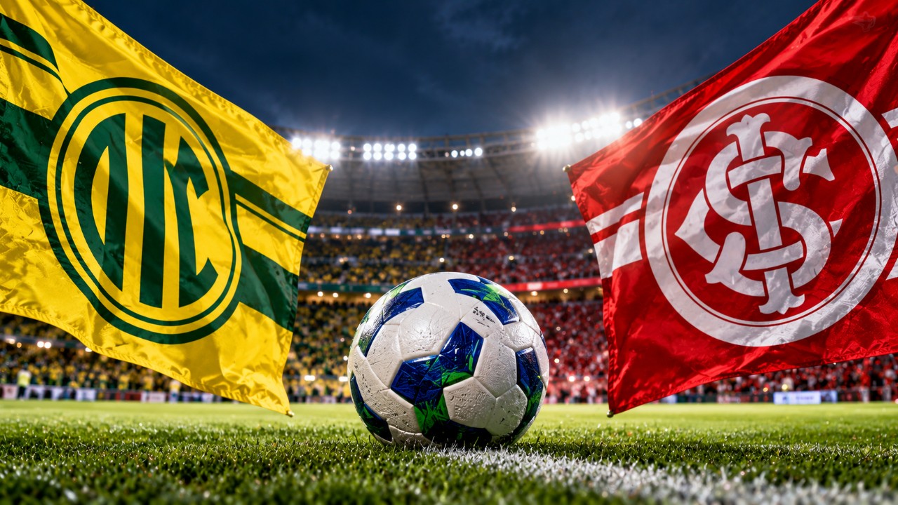 Bola de futebol no gramado de um estádio iluminado, posicionada entre as bandeiras do Mirassol e do Internacional
