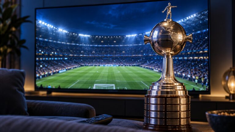 Taça da Copa Libertadores em primeiro plano diante de uma televisão com imagem de um estádio de futebol iluminado