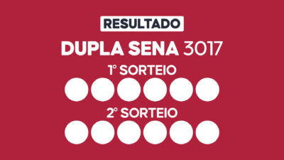 Arte com fundo vinho exibe Resultado Dupla Sena 3017 com primeiro e segundo sorteio e doze círculos brancos