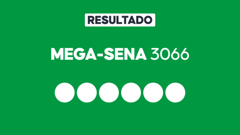Arte gráfica com fundo verde, faixa branca com a palavra Resultado, texto Mega-Sena 3066 em branco e seis círculos brancos alinhados representando dezenas do sorteio