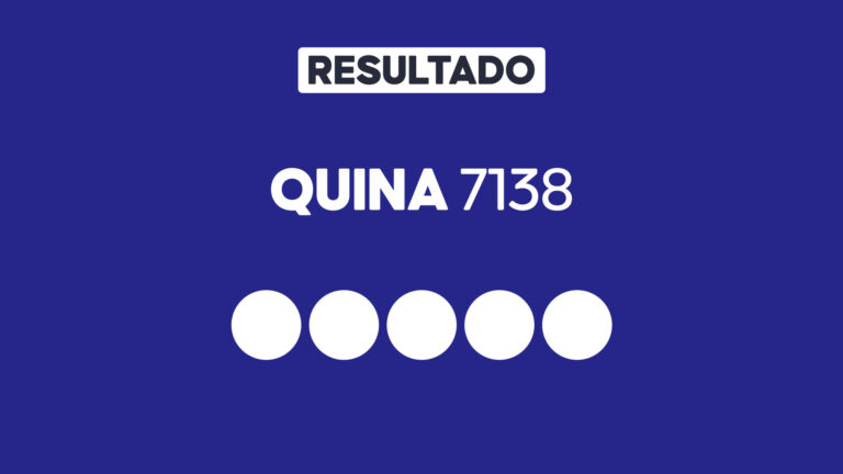 Arte gráfica com fundo azul, faixa branca com a palavra Resultado, texto Quina 7138 em branco e cinco círculos brancos alinhados representando dezenas do sorteio