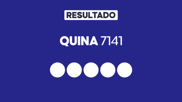Arte gráfica com fundo azul, faixa branca com a palavra Resultado, texto Quina 7141 em branco e cinco círculos brancos alinhados representando dezenas do sorteio