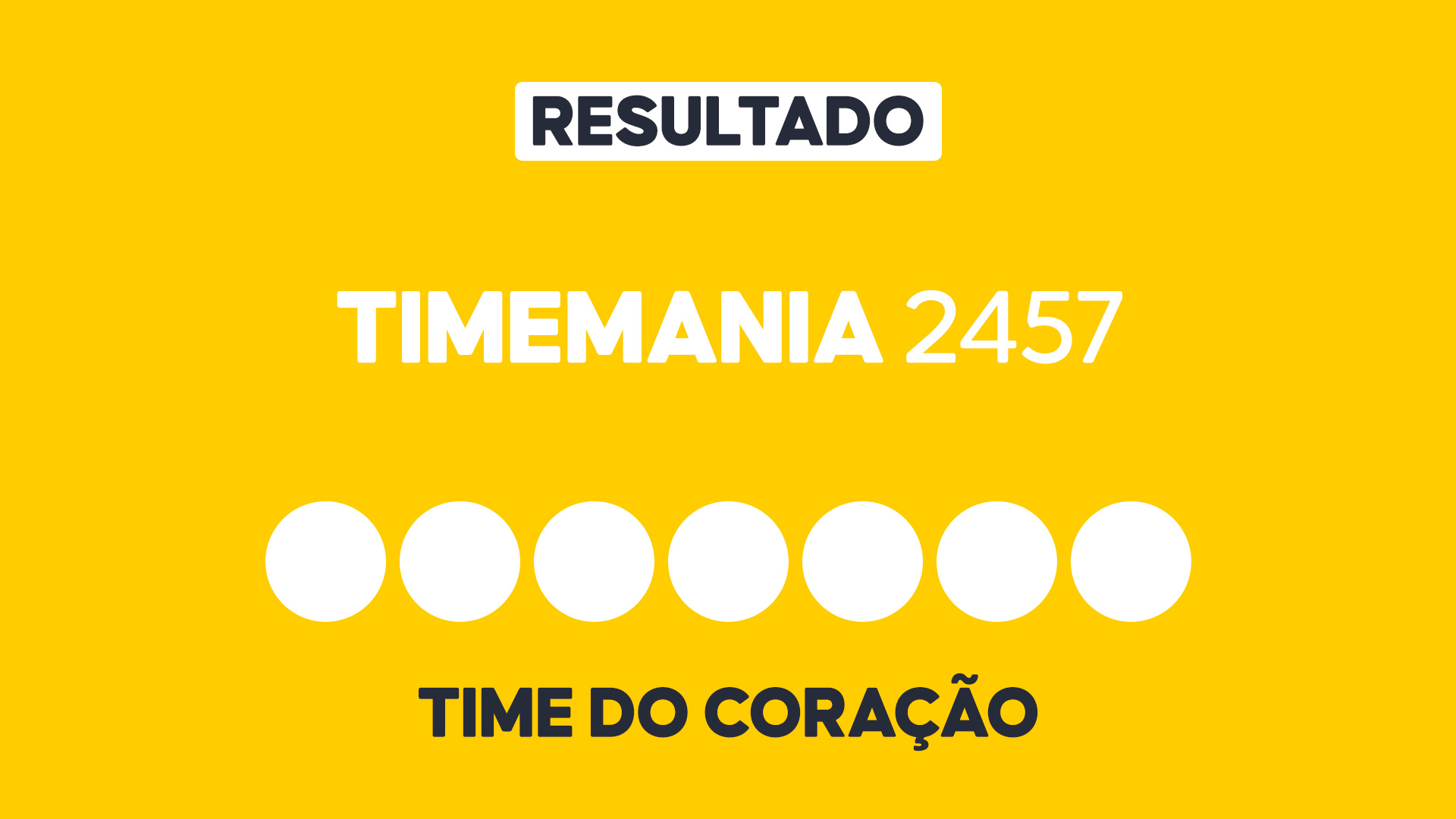 Arte gráfica com fundo amarelo, faixa branca com a palavra Resultado, texto Timemania 2457 em branco, sete círculos brancos e a inscrição Time do Coração na parte inferior representando dezenas e campo adicional do sorteio